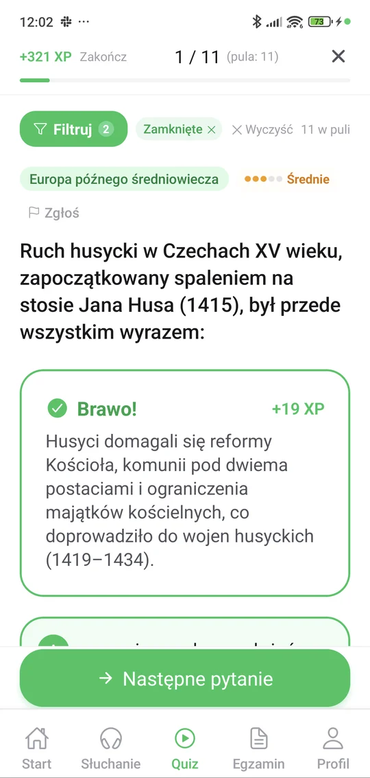 Sprawdzian z Europy późnego średniowiecza w aplikacji Matury Online: pytanie z tematu „Europa późnego średniowiecza” i wyjaśnienie po odpowiedzi