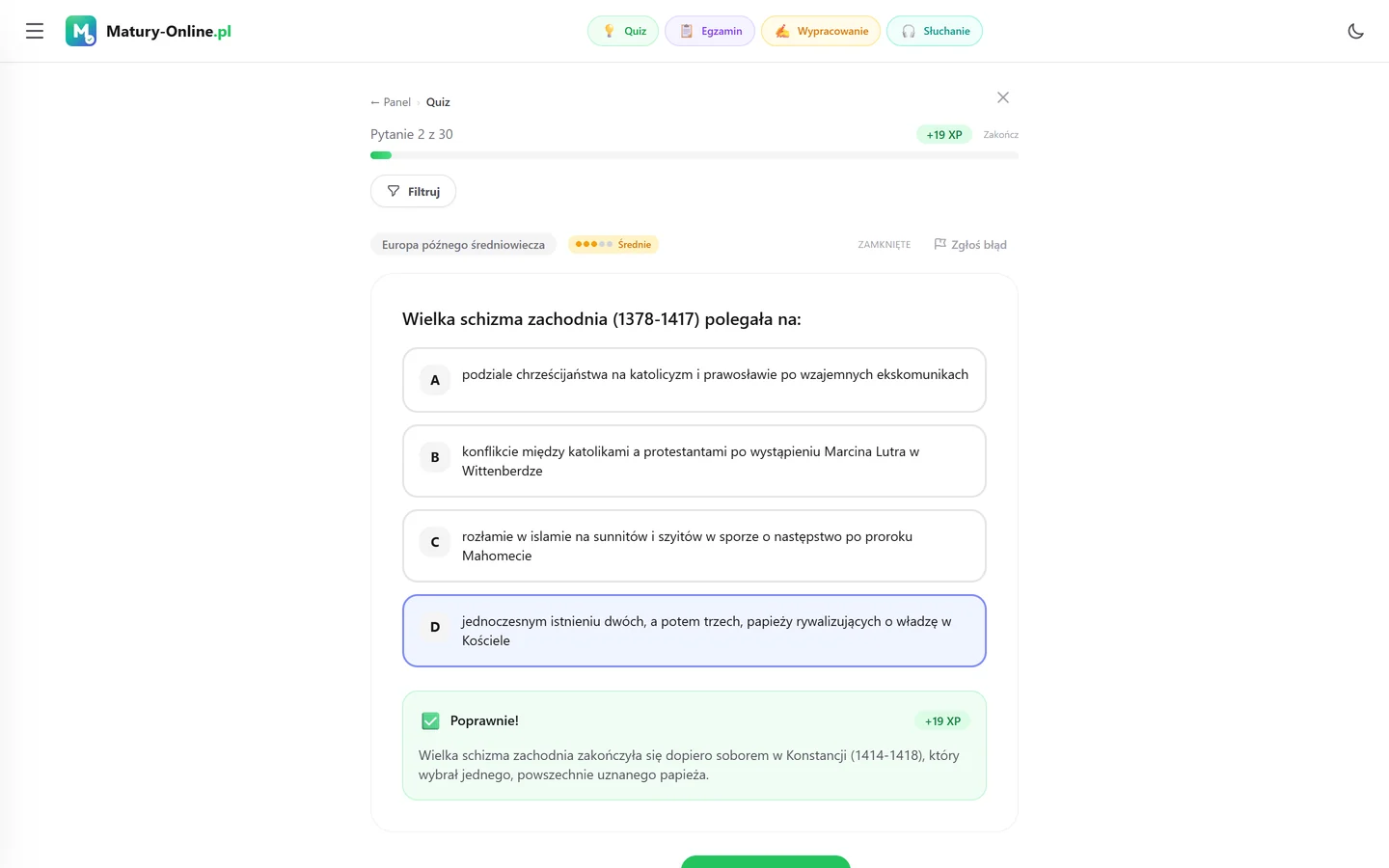 Quiz w Matury Online: pytanie z tematu „Europa późnego średniowiecza”