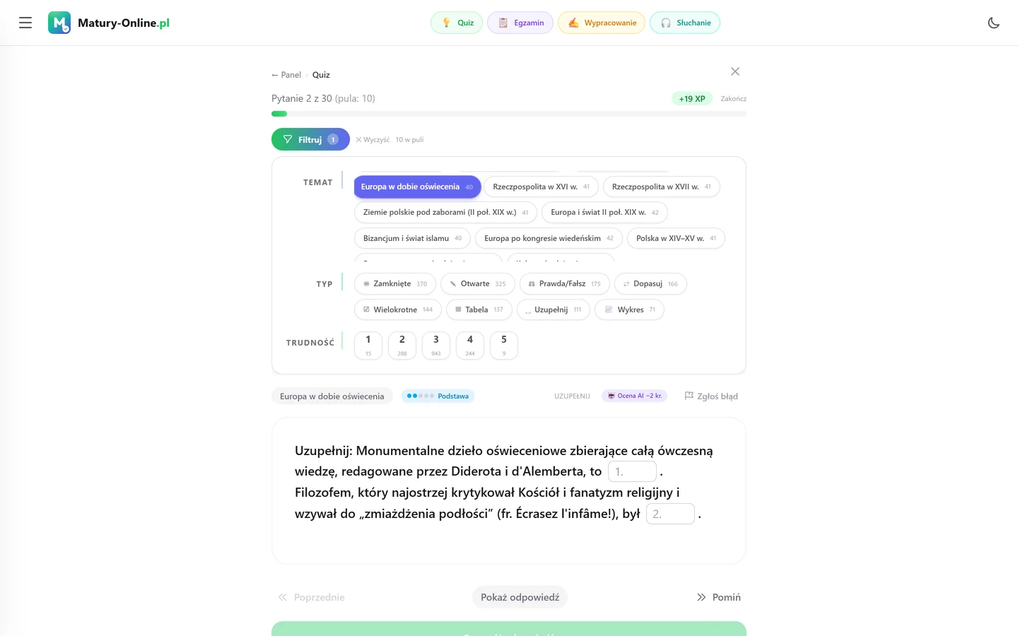 Quiz w Matury Online: panel „Filtruj” z zaznaczonym tematem „Europa w dobie oświecenia”, pod spodem pytanie z tego tematu