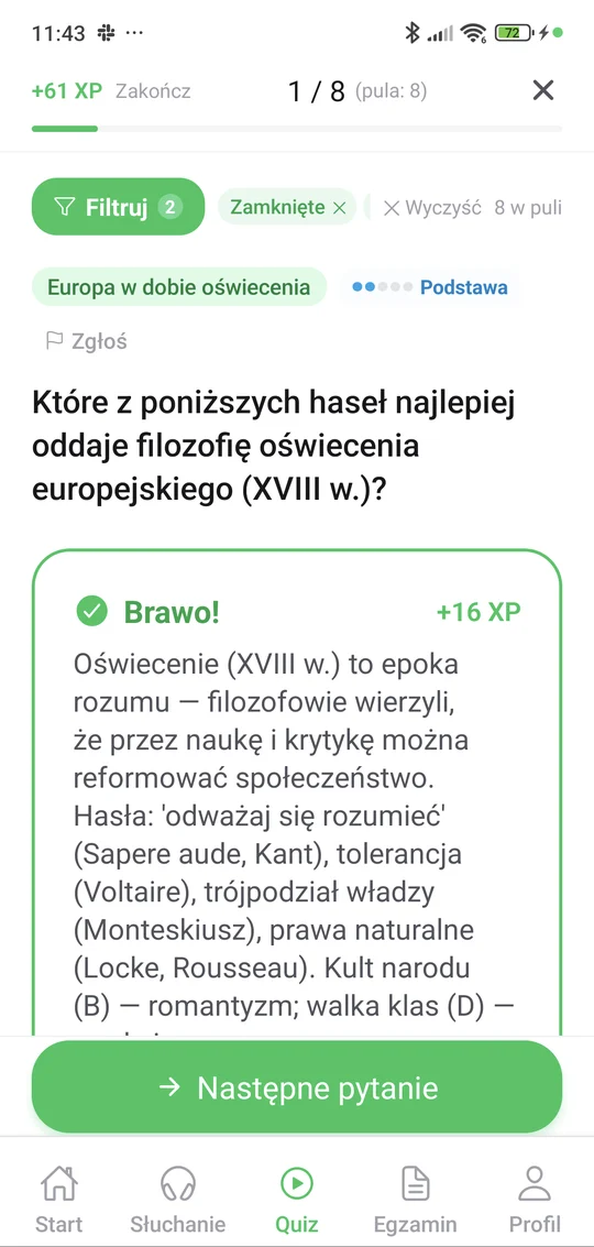 Sprawdzian z Europy w dobie oświecenia w aplikacji Matury Online: pytanie z tematu „Europa w dobie oświecenia” i wyjaśnienie po odpowiedzi