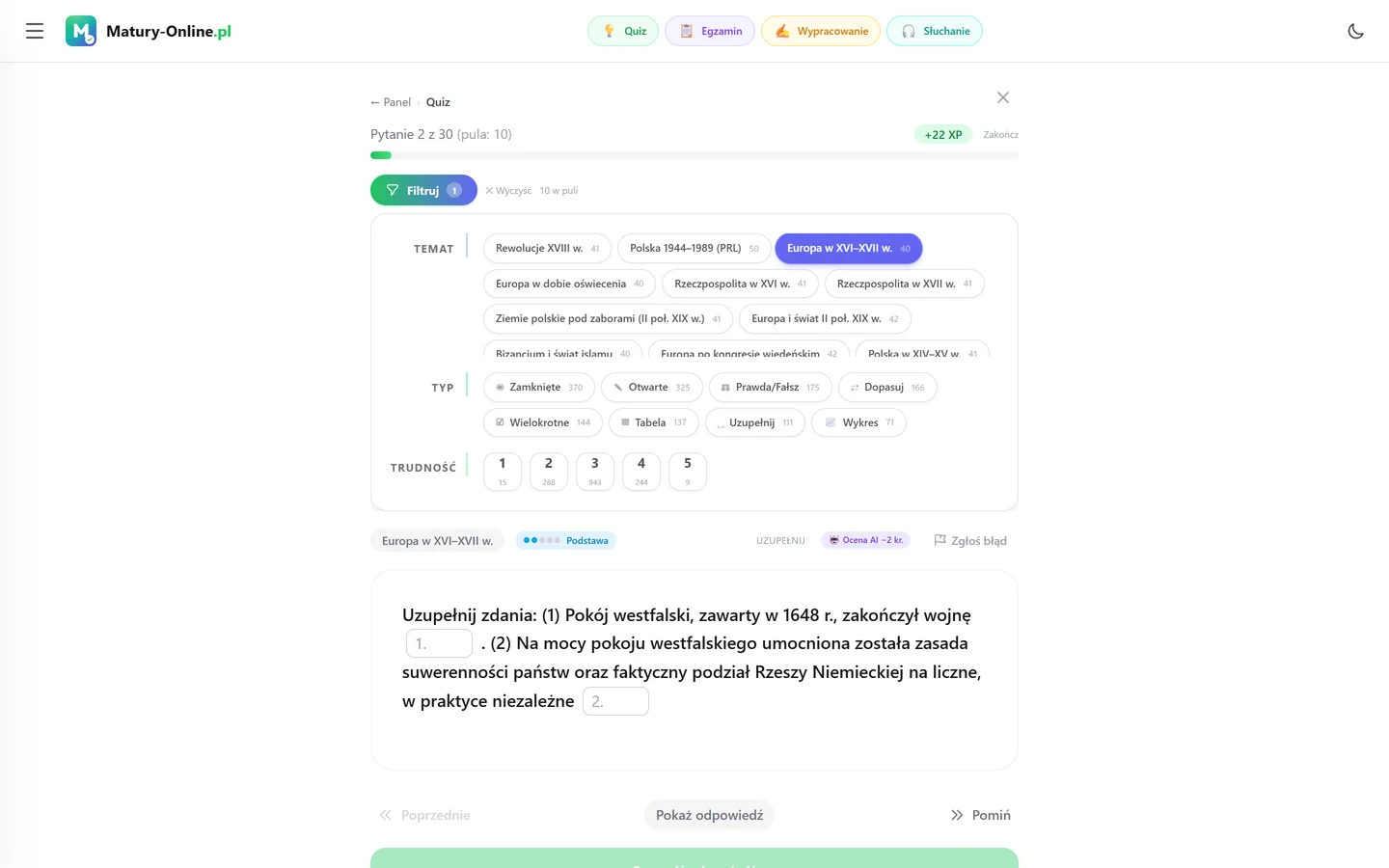 Quiz w Matury Online: panel „Filtruj” z zaznaczonym tematem „Europa w XVI–XVII w.”, pod spodem pytanie z tego tematu