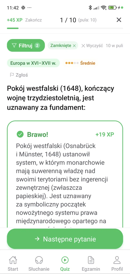 Sprawdzian z dziejów Europy w XVI–XVII w. w aplikacji Matury Online: pytanie z tematu „Europa w XVI–XVII w.” i wyjaśnienie po odpowiedzi