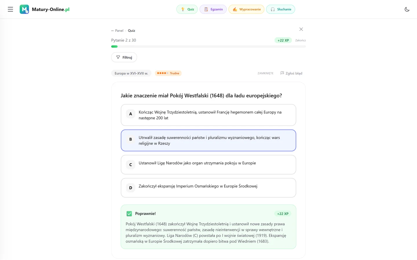 Quiz w Matury Online: pytanie z tematu „Europa w XVI–XVII w.”