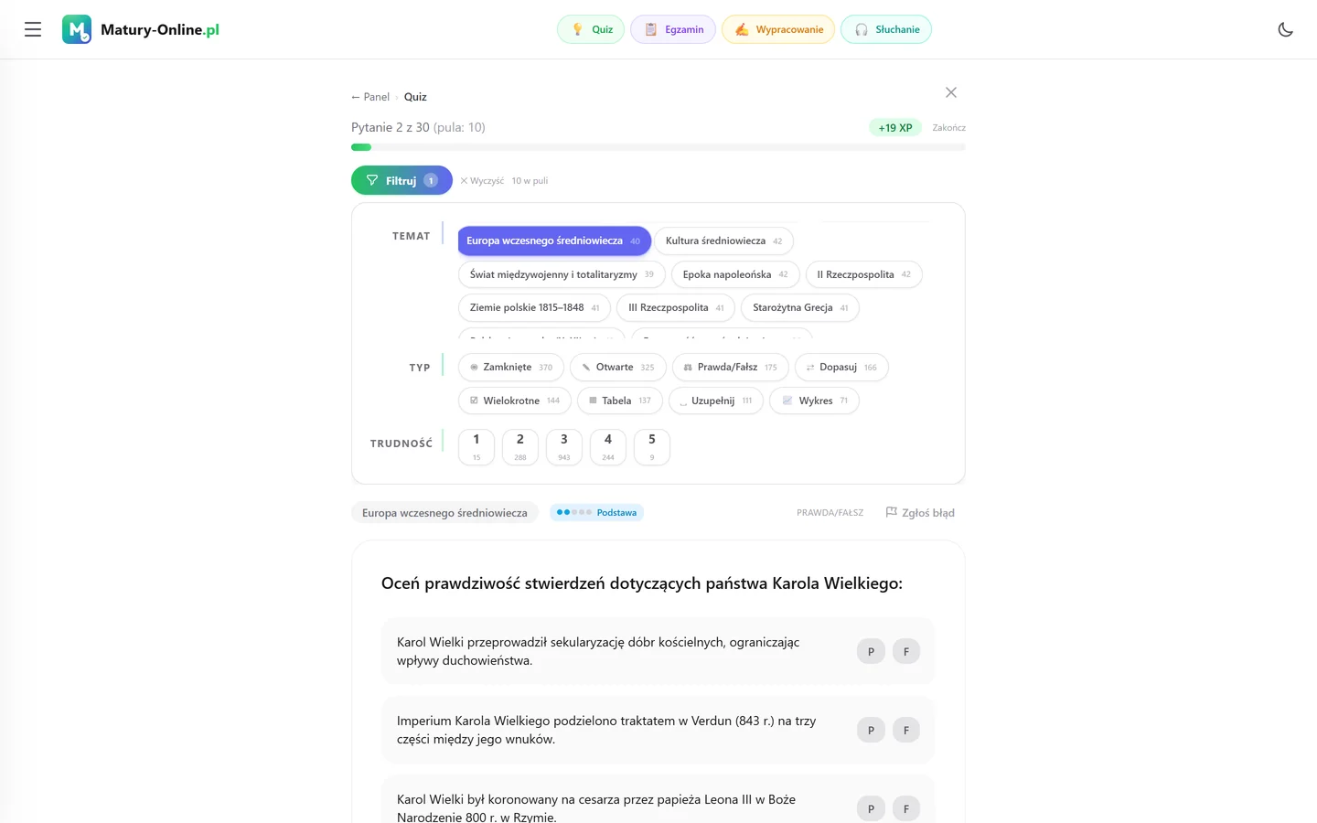 Quiz w Matury Online: panel „Filtruj” z zaznaczonym tematem „Europa wczesnego średniowiecza”, pod spodem pytanie z tego tematu