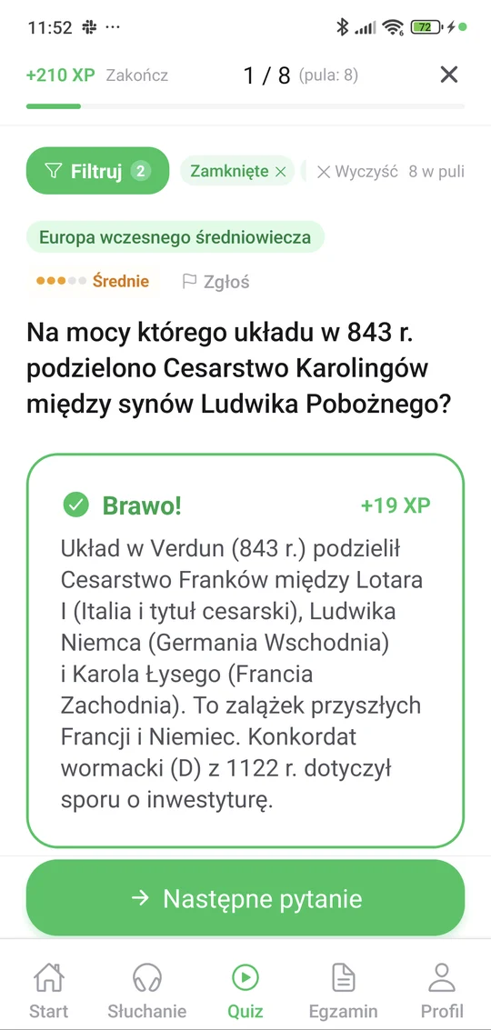 Sprawdzian z Europy wczesnego średniowiecza w aplikacji Matury Online: pytanie z tematu „Europa wczesnego średniowiecza” i wyjaśnienie po odpowiedzi