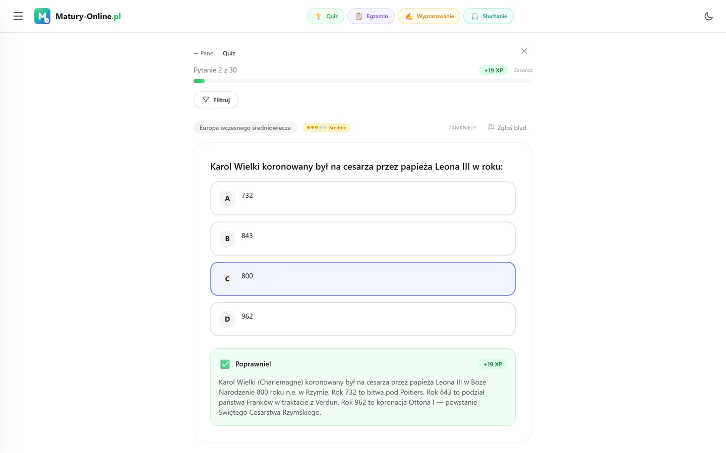 Quiz w Matury Online: pytanie z tematu „Europa wczesnego średniowiecza”