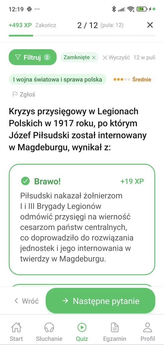 Sprawdzian z I wojny światowej i sprawy polskiej w aplikacji Matury Online: pytanie z tematu „I wojna światowa i sprawa polska” i wyjaśnienie po odpowiedzi