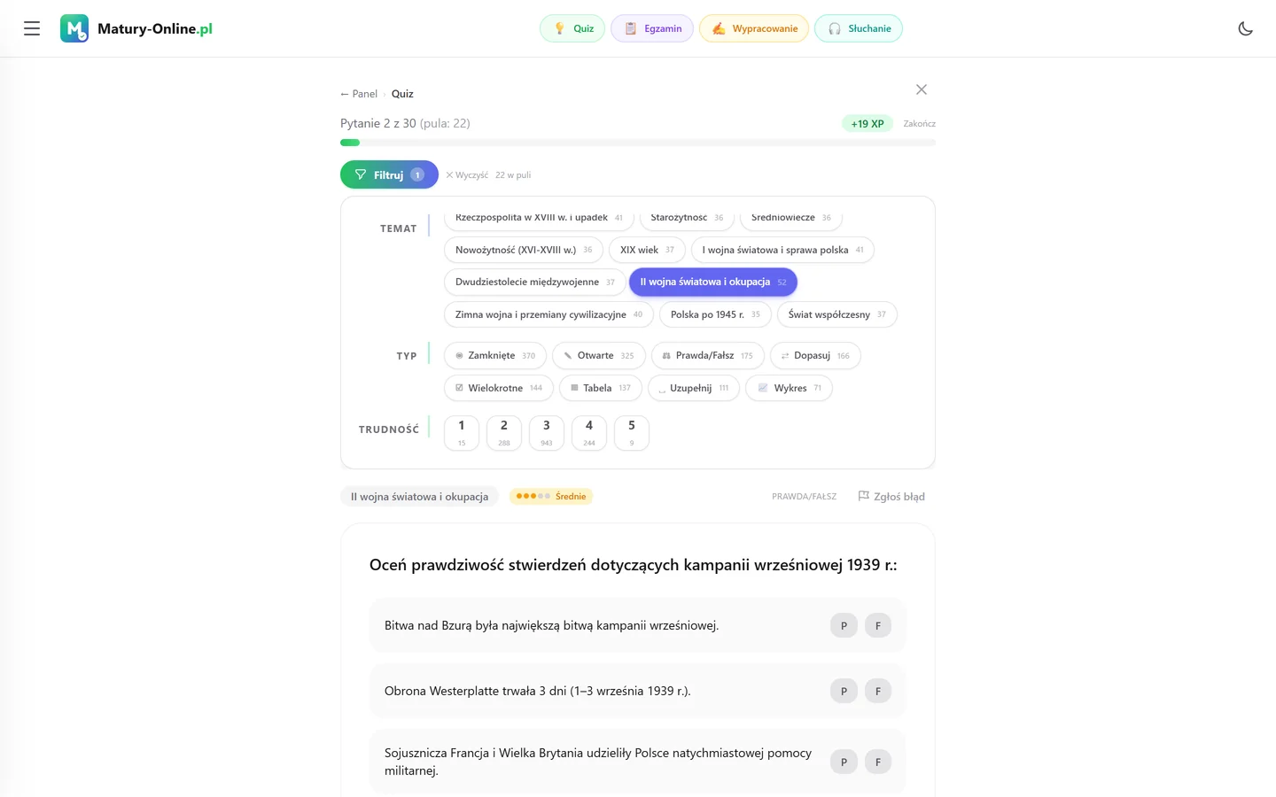 Quiz w Matury Online: panel „Filtruj” z zaznaczonym tematem „II wojna światowa”, pod spodem pytanie z tego tematu