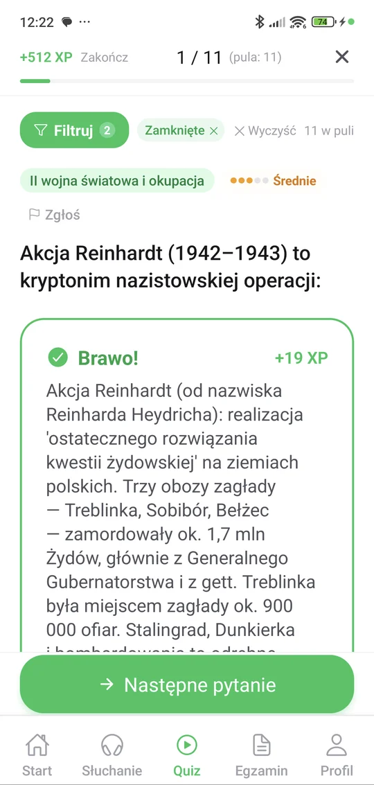 Sprawdzian z II wojny światowej w aplikacji Matury Online: pytanie z tematu „II wojna światowa” i wyjaśnienie po odpowiedzi