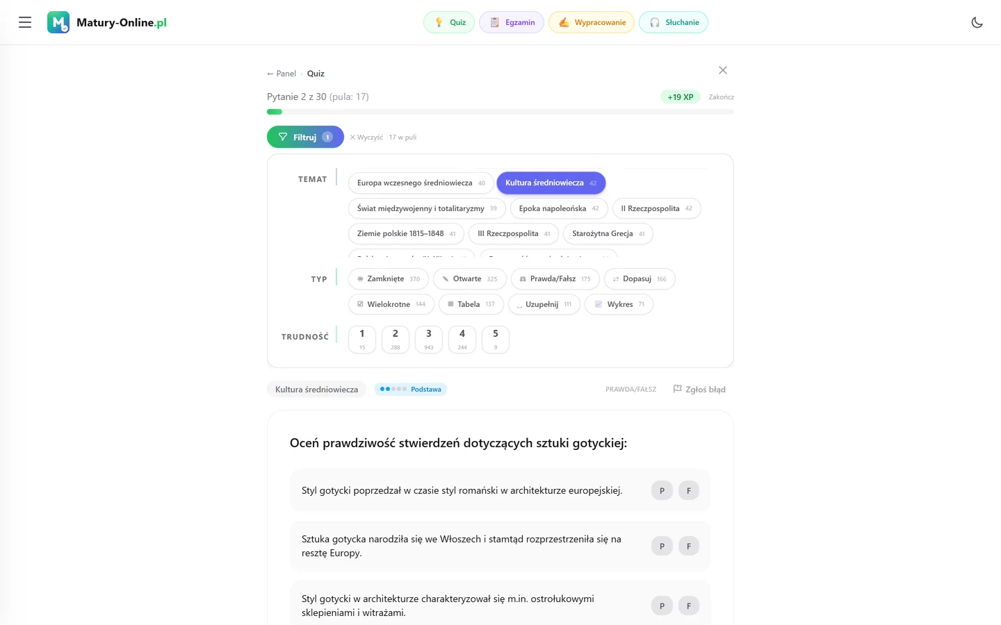 Quiz w Matury Online: panel „Filtruj” z zaznaczonym tematem „Kultura średniowiecza”, pod spodem pytanie z tego tematu