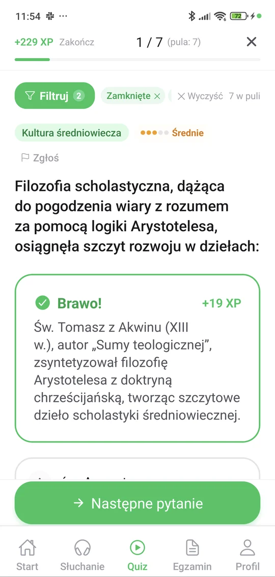 Sprawdzian z kultury średniowiecza w aplikacji Matury Online: pytanie z tematu „Kultura średniowiecza” i wyjaśnienie po odpowiedzi