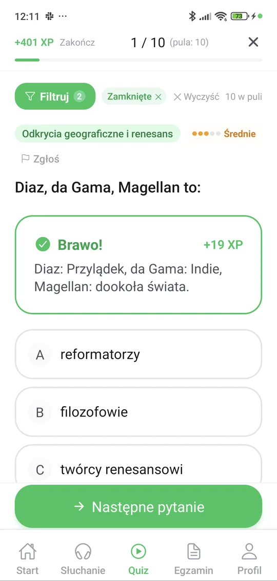 Sprawdzian z odkryć geograficznych i renesansu w aplikacji Matury Online: pytanie z tematu „Odkrycia geograficzne i renesans” i wyjaśnienie po odpowiedzi