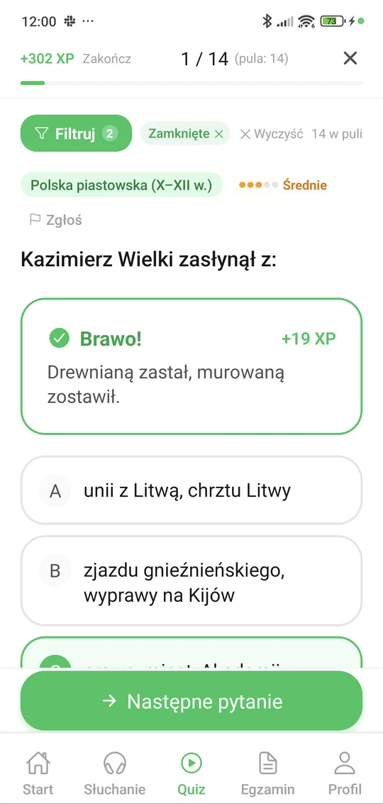 Sprawdzian z Polski piastowskiej w aplikacji Matury Online: pytanie z tematu „Polska piastowska” i wyjaśnienie po odpowiedzi