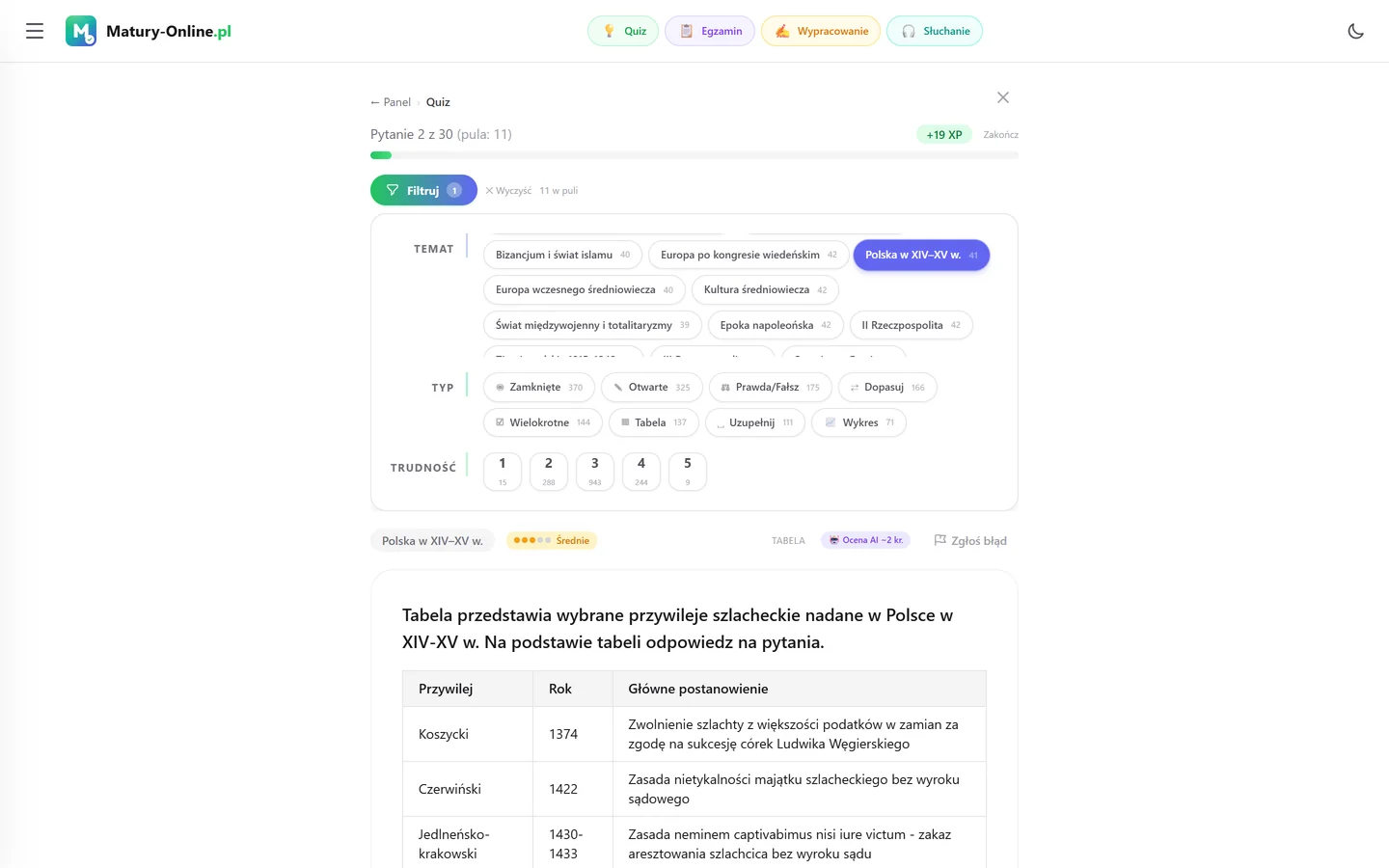 Quiz w Matury Online: panel „Filtruj” z zaznaczonym tematem „Polska w XIV–XV w.”, pod spodem pytanie z tego tematu