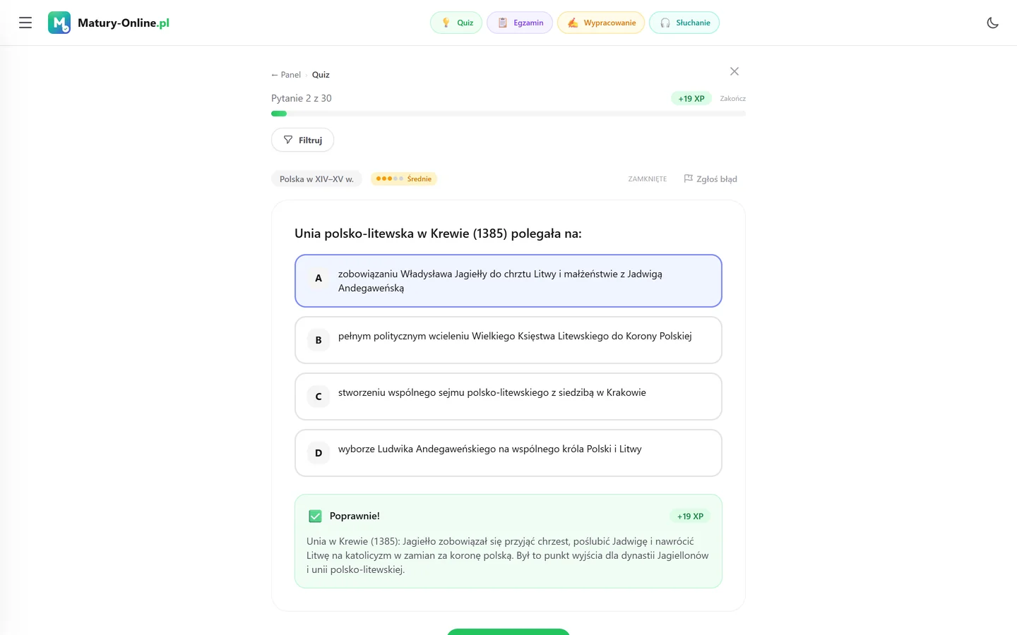 Quiz w Matury Online: pytanie z tematu „Polska w XIV–XV w.”