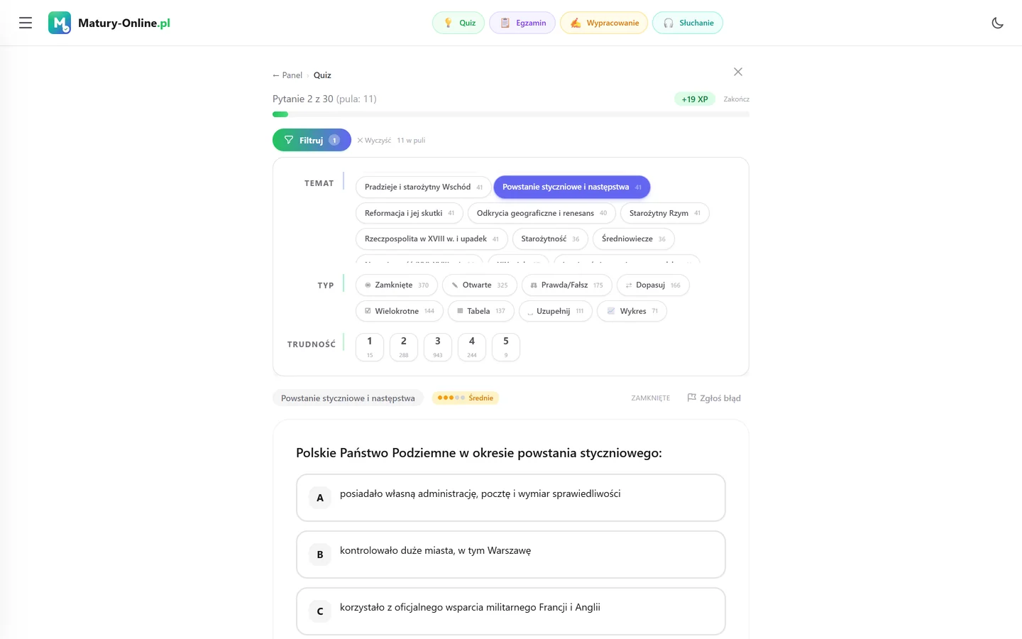 Quiz w Matury Online: panel „Filtruj” z zaznaczonym tematem „Powstanie styczniowe”, pod spodem pytanie z tego tematu