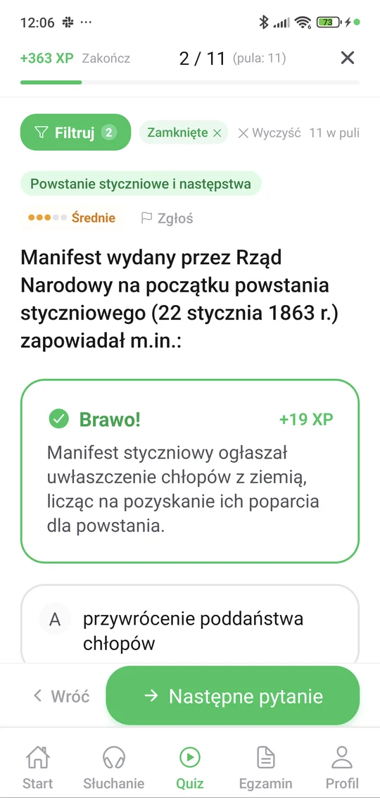 Sprawdzian z powstania styczniowego w aplikacji Matury Online: pytanie z tematu „Powstanie styczniowe” i wyjaśnienie po odpowiedzi