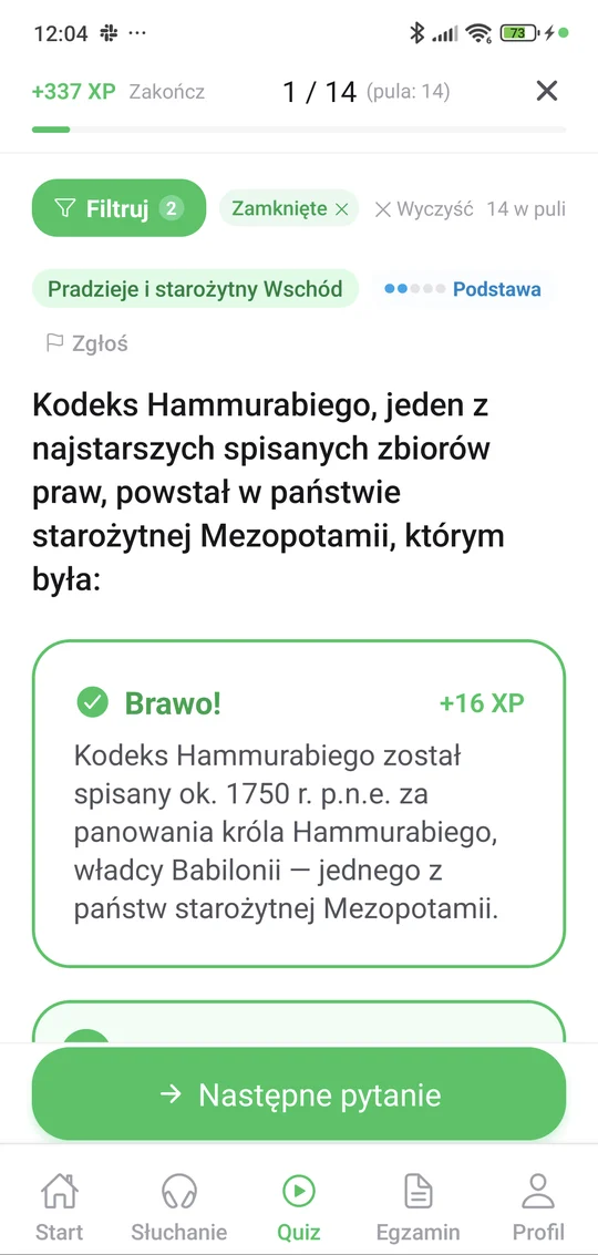 Sprawdzian z pradziejów i starożytnego Wschodu w aplikacji Matury Online: pytanie z tematu „Pradzieje i starożytny Wschód” i wyjaśnienie po odpowiedzi
