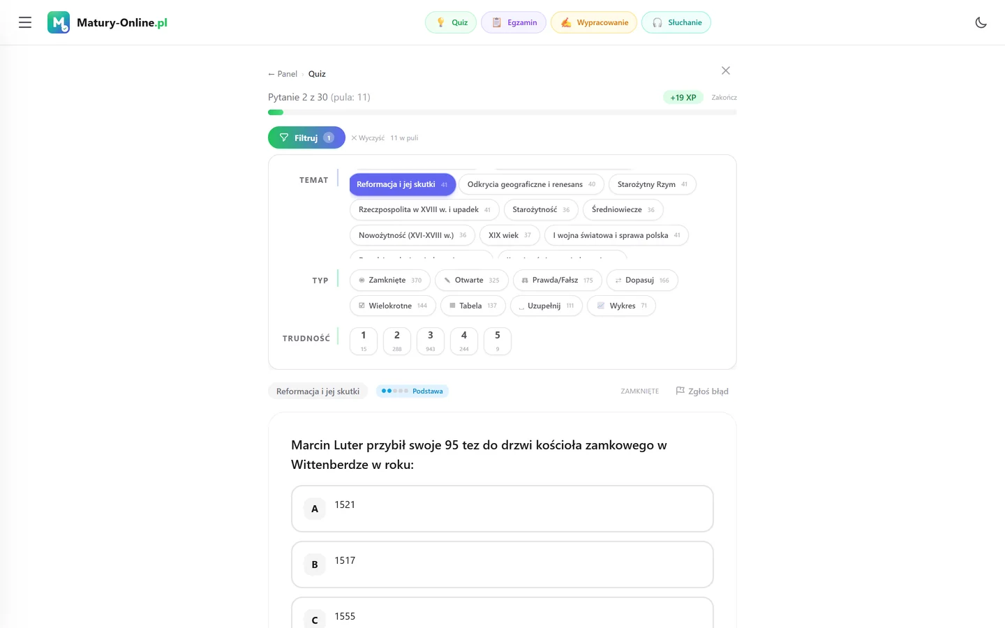 Quiz w Matury Online: panel „Filtruj” z zaznaczonym tematem „Reformacja”, pod spodem pytanie z tego tematu