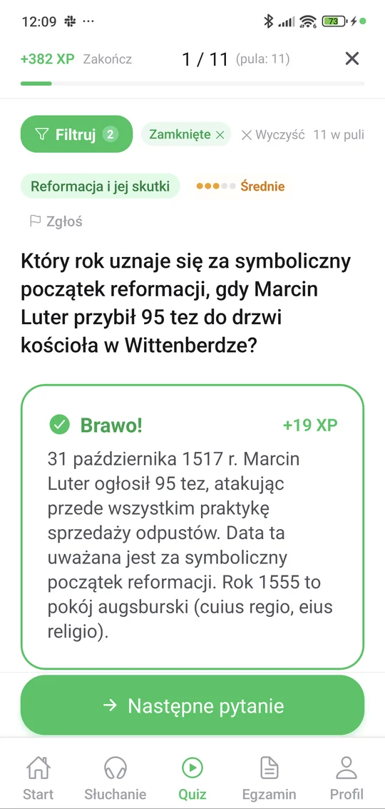 Sprawdzian z reformacji i jej skutków w aplikacji Matury Online: pytanie z tematu „Reformacja” i wyjaśnienie po odpowiedzi