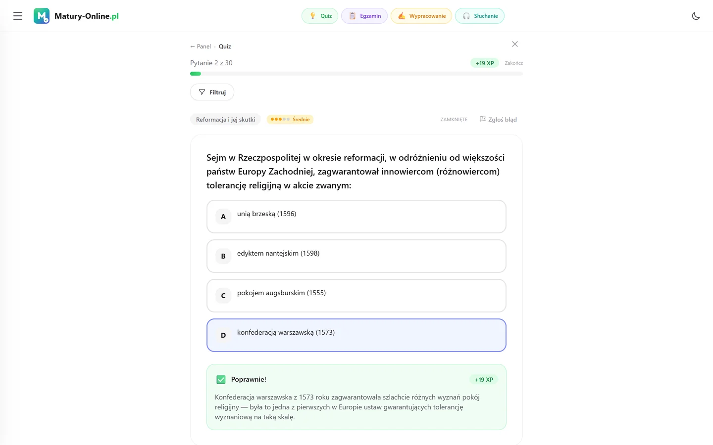 Quiz w Matury Online: pytanie z tematu „Reformacja”