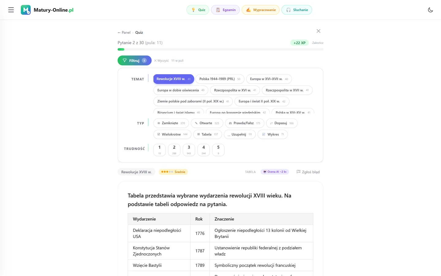 Quiz w Matury Online: panel „Filtruj” z zaznaczonym tematem „Rewolucje XVIII w.”, pod spodem pytanie z tego tematu