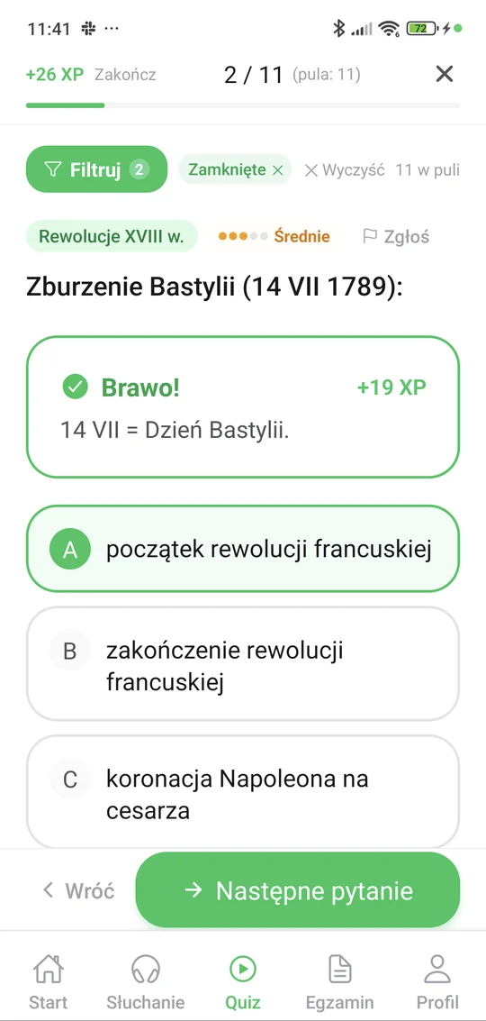 Sprawdzian z rewolucji XVIII w. w aplikacji Matury Online: pytanie z tematu „Rewolucje XVIII w.” i wyjaśnienie po odpowiedzi