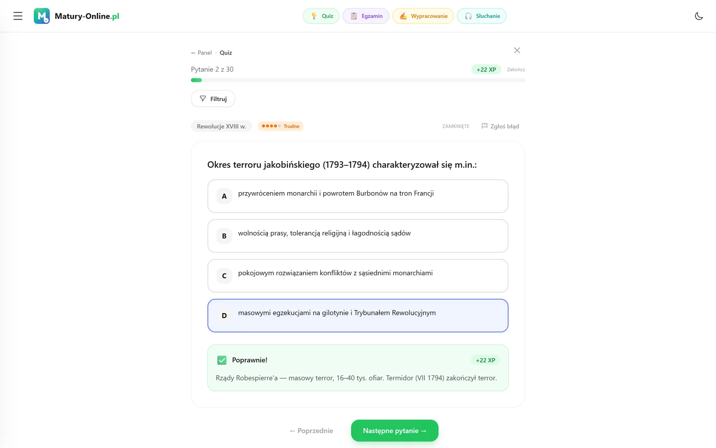 Quiz w Matury Online: pytanie z tematu „Rewolucje XVIII w.”