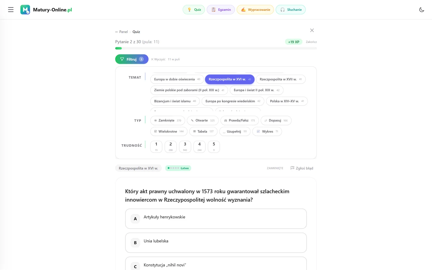 Quiz w Matury Online: panel „Filtruj” z zaznaczonym tematem „Rzeczpospolita w XVI w.”, pod spodem pytanie z tego tematu