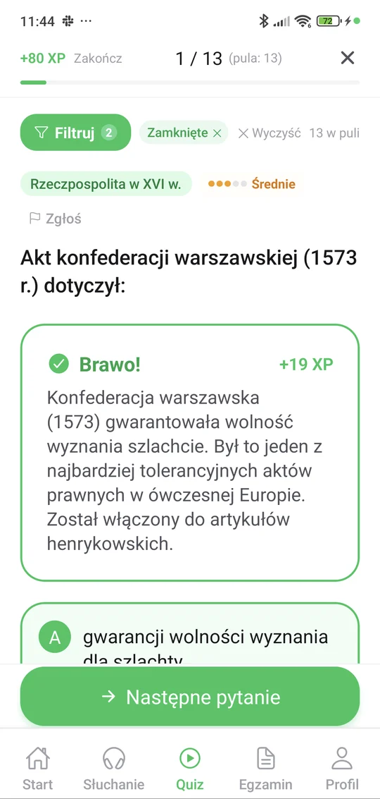 Sprawdzian z dziejów Rzeczypospolitej w XVI w. w aplikacji Matury Online: pytanie z tematu „Rzeczpospolita w XVI w.” i wyjaśnienie po odpowiedzi