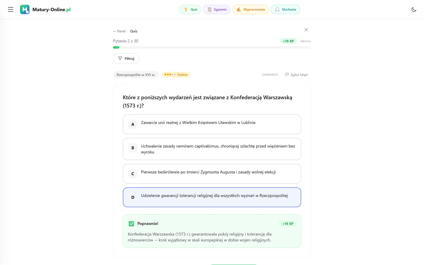 Quiz w Matury Online: pytanie z tematu „Rzeczpospolita w XVI w.”