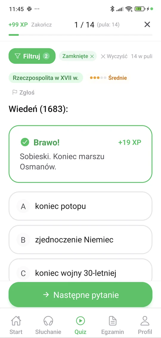 Sprawdzian z dziejów Rzeczypospolitej w XVII w. w aplikacji Matury Online: pytanie z tematu „Rzeczpospolita w XVII w.” i wyjaśnienie po odpowiedzi