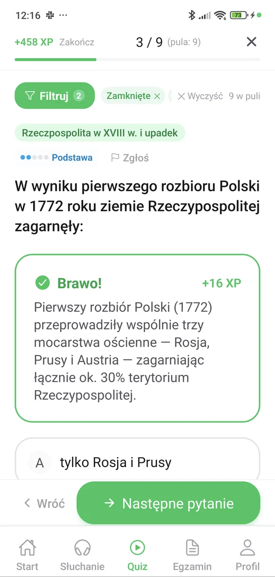 Sprawdzian z dziejów Rzeczypospolitej w XVIII w. i jej upadku w aplikacji Matury Online: pytanie z tematu „Rzeczpospolita w XVIII w. i upadek” i wyjaśnienie po odpowiedzi