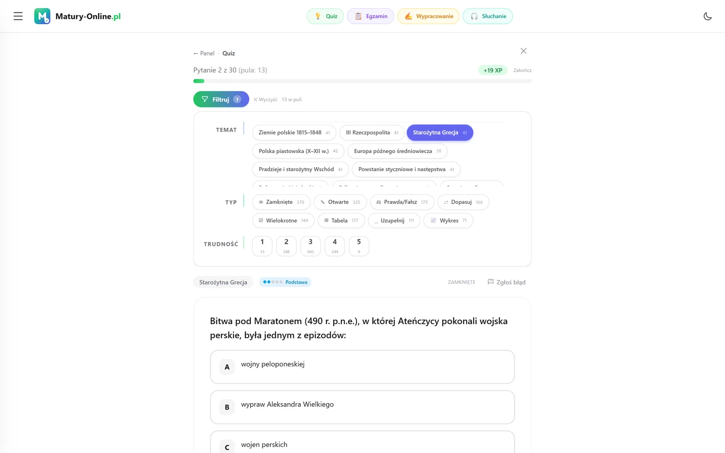 Quiz w Matury Online: panel „Filtruj” z zaznaczonym tematem „Starożytna Grecja”, pod spodem pytanie z tego tematu