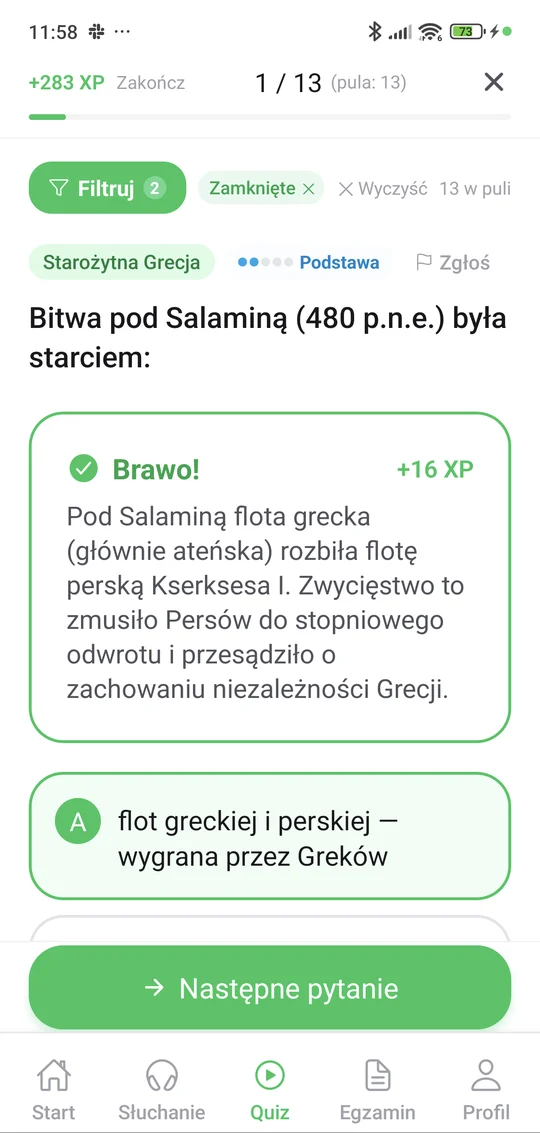 Sprawdzian ze starożytnej Grecji w aplikacji Matury Online: pytanie z tematu „Starożytna Grecja” i wyjaśnienie po odpowiedzi