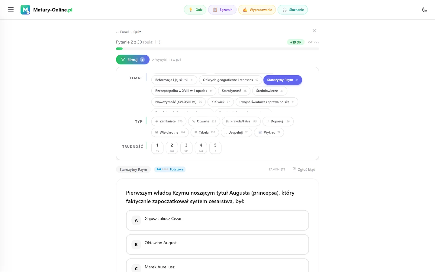 Quiz w Matury Online: panel „Filtruj” z zaznaczonym tematem „Starożytny Rzym”, pod spodem pytanie z tego tematu