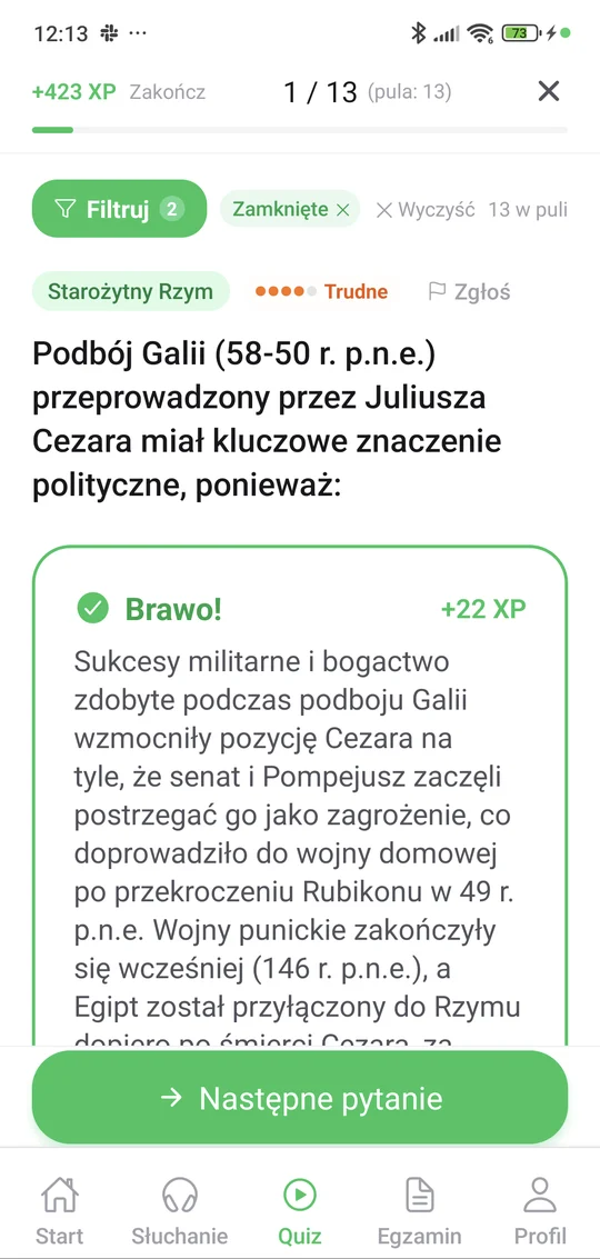 Sprawdzian ze starożytnego Rzymu w aplikacji Matury Online: pytanie z tematu „Starożytny Rzym” i wyjaśnienie po odpowiedzi