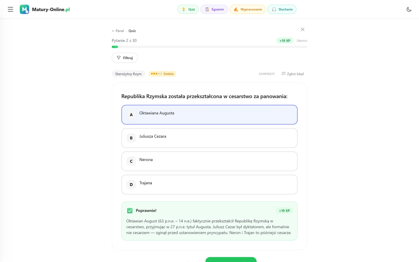 Quiz w Matury Online: pytanie z tematu „Starożytny Rzym”