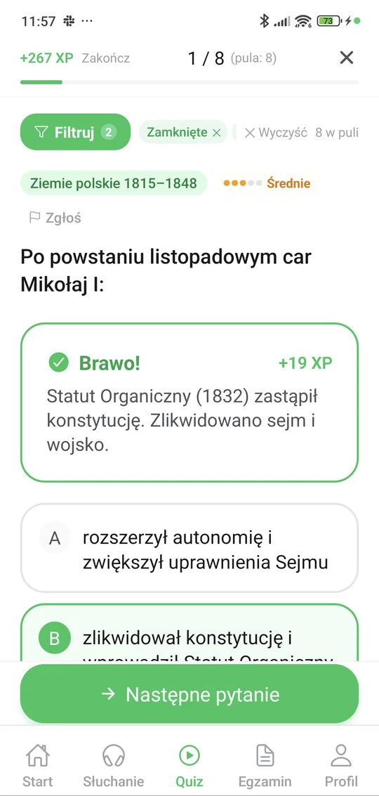 Sprawdzian z dziejów ziem polskich w latach 1815–1848 w aplikacji Matury Online: pytanie z tematu „Ziemie polskie 1815–1848” i wyjaśnienie po odpowiedzi