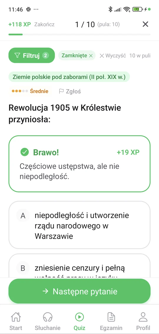 Sprawdzian z dziejów ziem polskich w 2. poł. XIX w. w aplikacji Matury Online: pytanie z tematu „Ziemie polskie w 2. poł. XIX w.” i wyjaśnienie po odpowiedzi