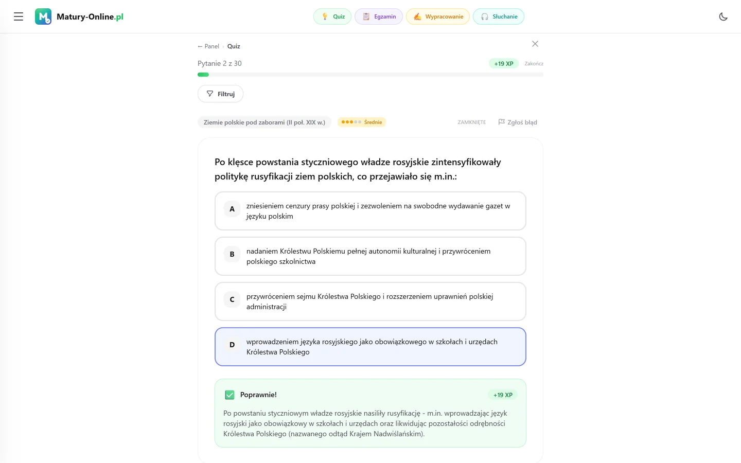 Quiz w Matury Online: pytanie z tematu „Ziemie polskie w 2. poł. XIX w.”