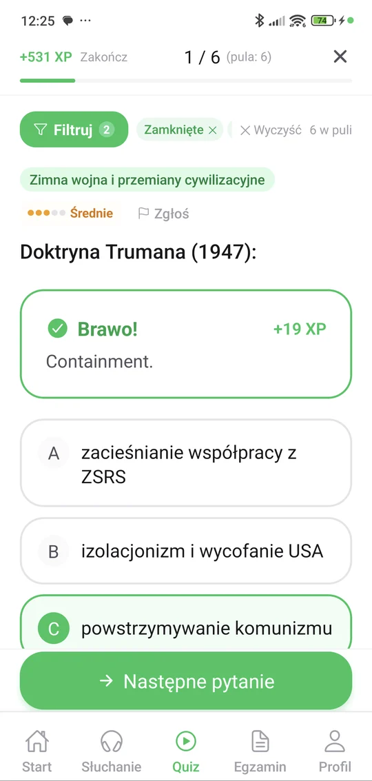 Sprawdzian z zimnej wojny w aplikacji Matury Online: pytanie z tematu „Zimna wojna” i wyjaśnienie po odpowiedzi