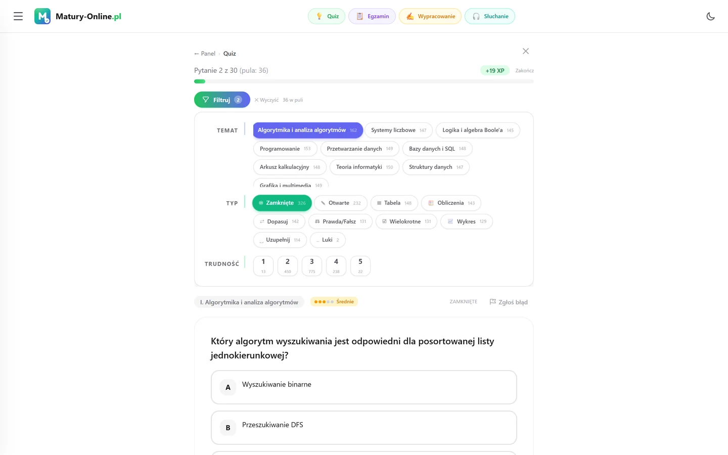 Quiz w Matury Online: panel „Filtruj” z zaznaczonym tematem „Algorytmika”, pod spodem pytanie z tego tematu