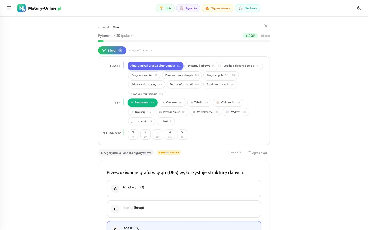 Quiz w Matury Online — panel „Filtruj” z zaznaczonym tematem „Algorytmy zaawansowane” i pytaniem z tego tematu