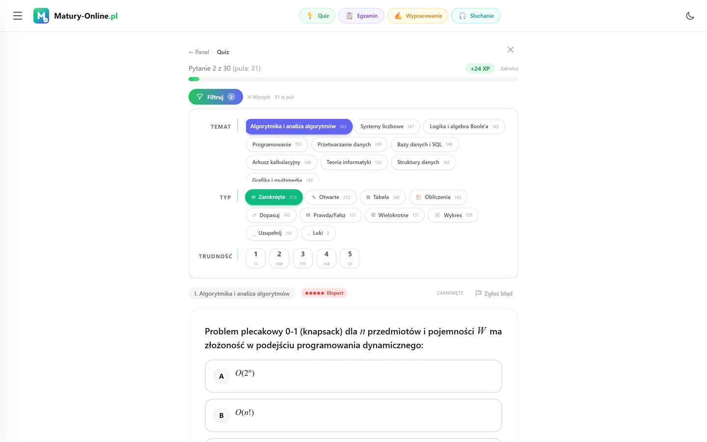 Quiz w Matury Online — panel „Filtruj” z zaznaczonym tematem „Analiza algorytmów” i pytaniem z tego tematu