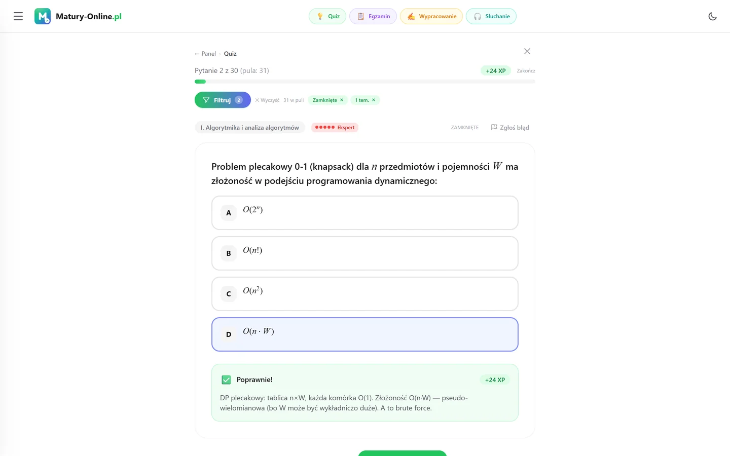 Quiz z analizy algorytmów w Matury Online — pytanie z tematu „Analiza algorytmów” po sprawdzeniu odpowiedzi, z wynikiem i wyjaśnieniem