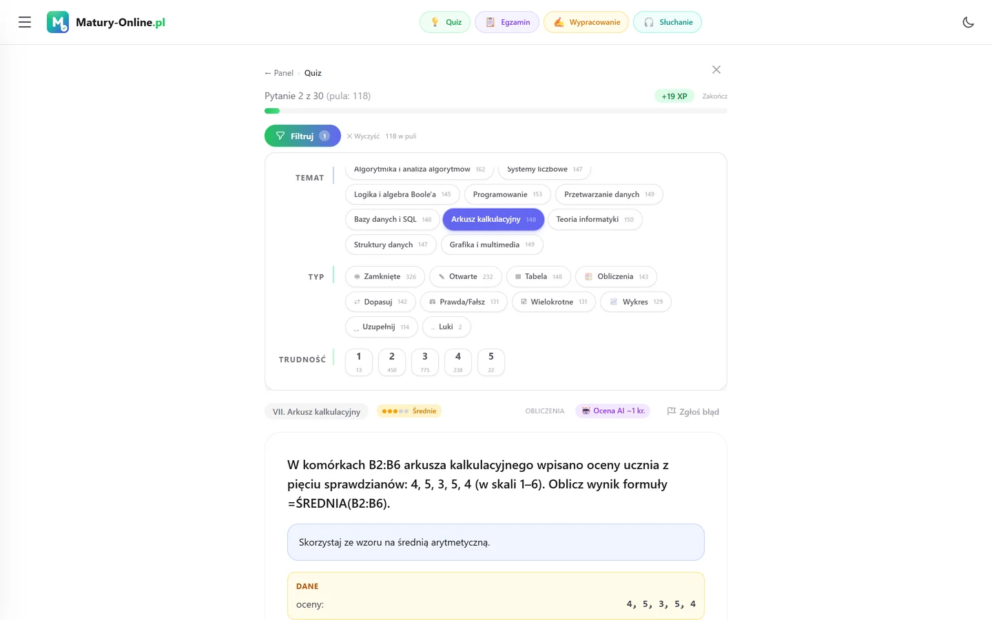 Quiz w Matury Online: panel „Filtruj” z zaznaczonym tematem „Arkusz kalkulacyjny”, pod spodem pytanie z tego tematu