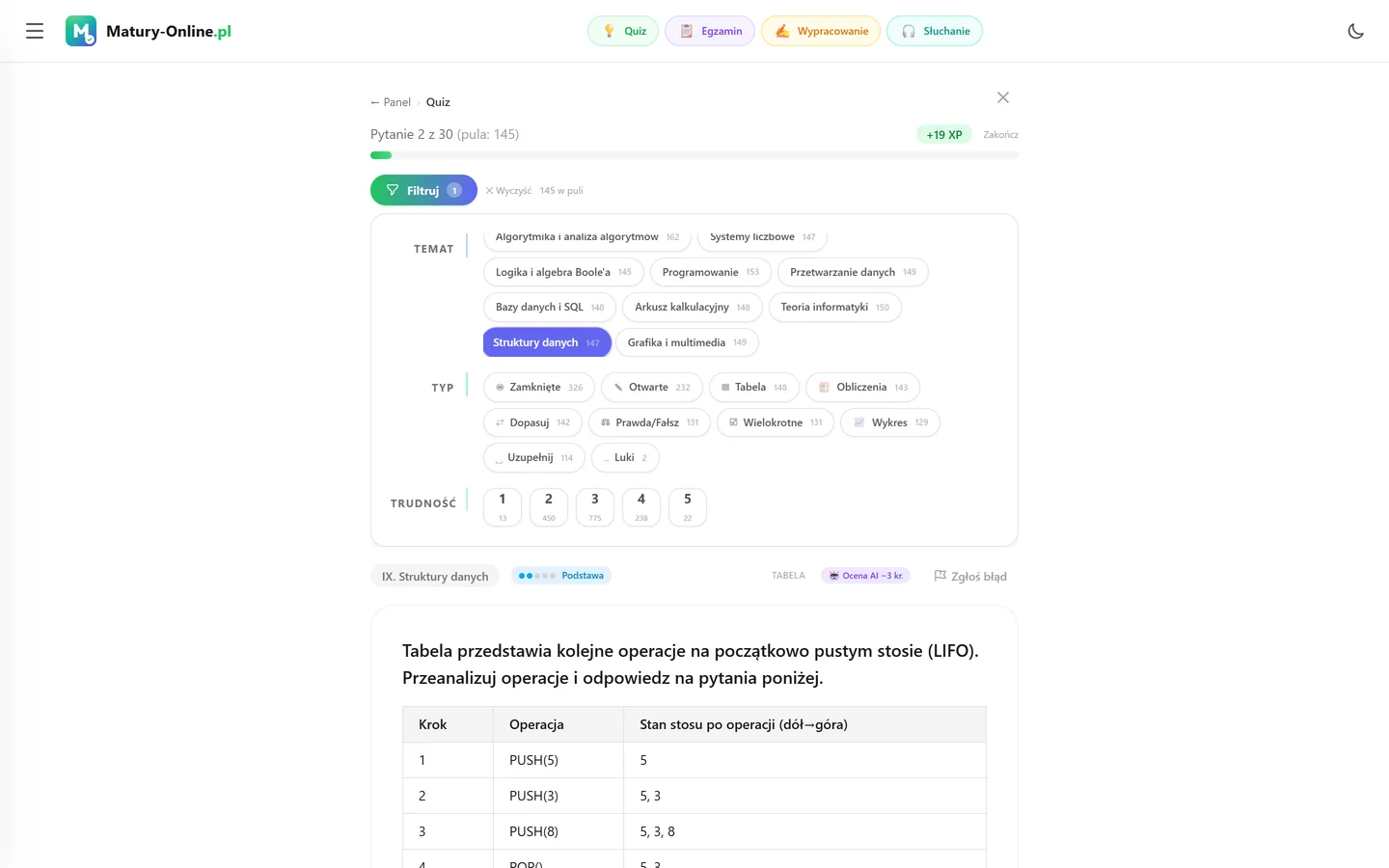 Quiz w Matury Online: panel „Filtruj” z zaznaczonym tematem „Struktury danych”, pod spodem pytanie z tego tematu