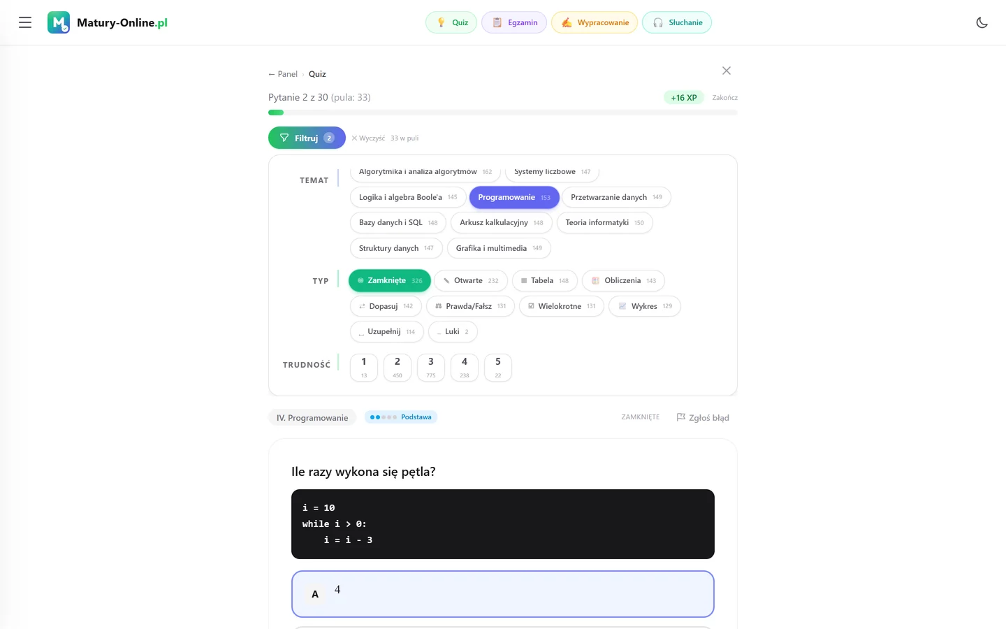 Quiz w Matury Online: panel „Filtruj” z zaznaczonym tematem „Programowanie”, pod spodem pytanie z tego tematu