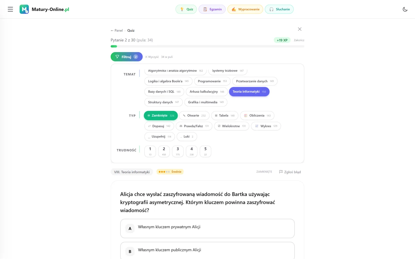 Quiz w Matury Online — panel „Filtruj” z zaznaczonym tematem „Sieci komputerowe i bezpieczeństwo” i pytaniem z tego tematu